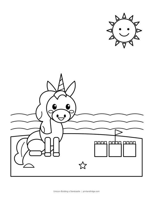 Unicorn Building a Sandcastle printable coloring page