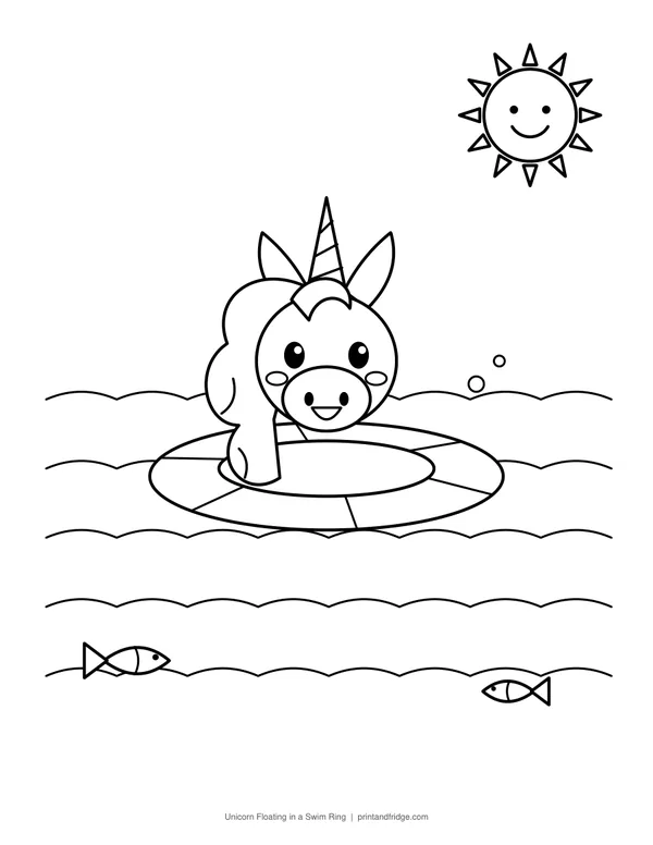 Unicorn Floating in a Swim Ring printable coloring page