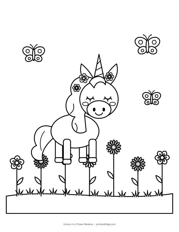 Unicorn in a Flower Meadow printable coloring page
