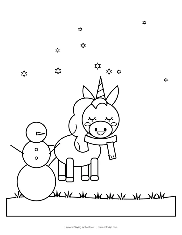 Unicorn Playing in the Snow printable coloring page