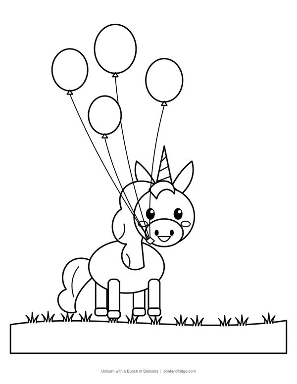 Unicorn with a Bunch of Balloons printable coloring page