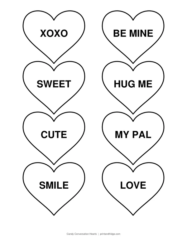 Candy Conversation Hearts printable coloring page