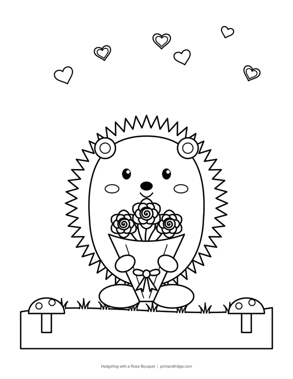 Hedgehog with a Rose Bouquet printable coloring page