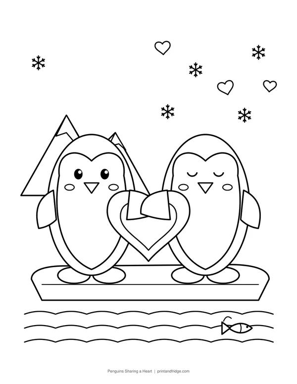 Penguins Sharing a Heart printable coloring page
