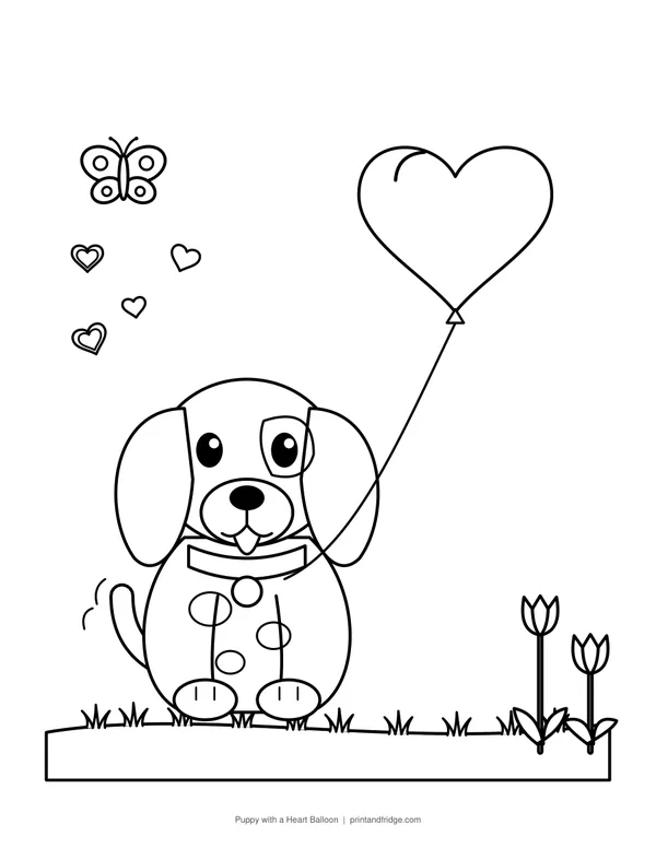 Puppy with a Heart Balloon printable coloring page