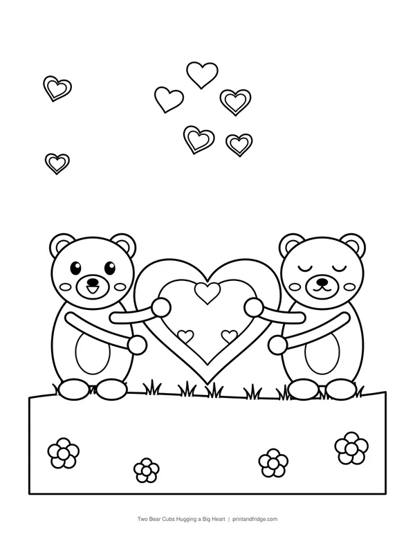 Two Bear Cubs Hugging a Big Heart printable coloring page