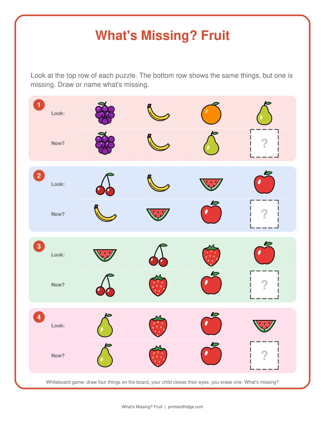 What's Missing? Fruit printable game