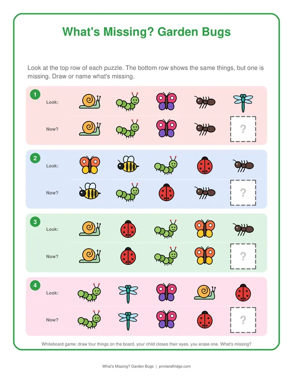 What's Missing? Garden Bugs printable game