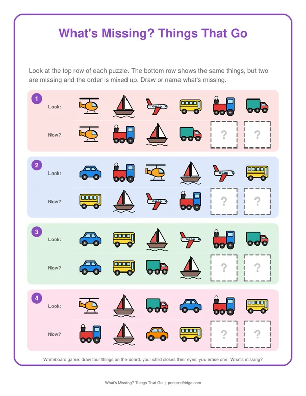 What's Missing? Things That Go printable game